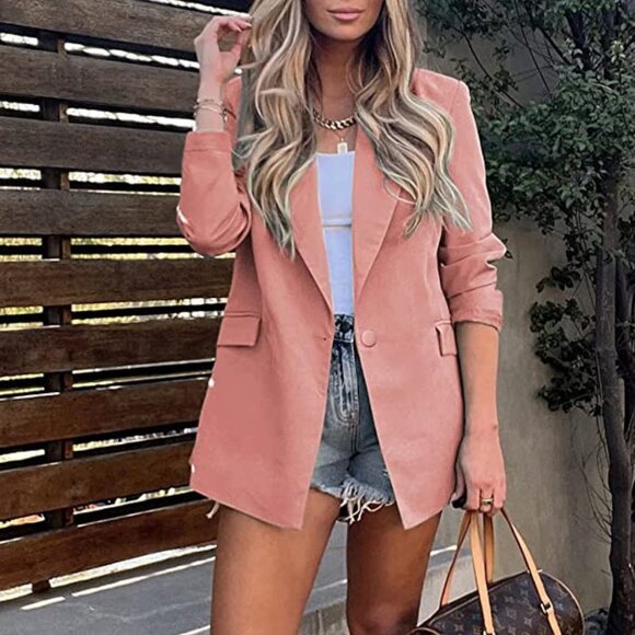 Casual Blazers Long Sleeve Open Front Button Work Office Blazer Jackets with - Picture 3 of 5